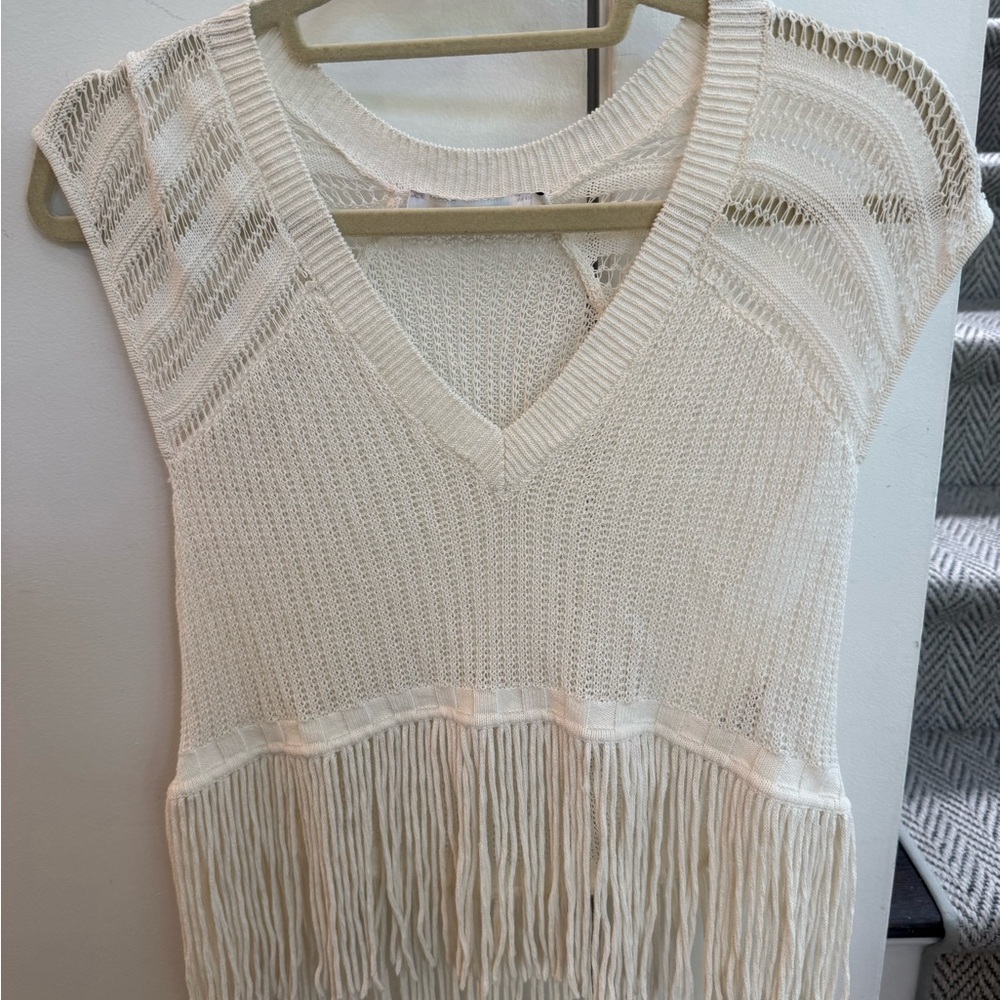 Iro Ivory Fringe Knit V‑Neck Top